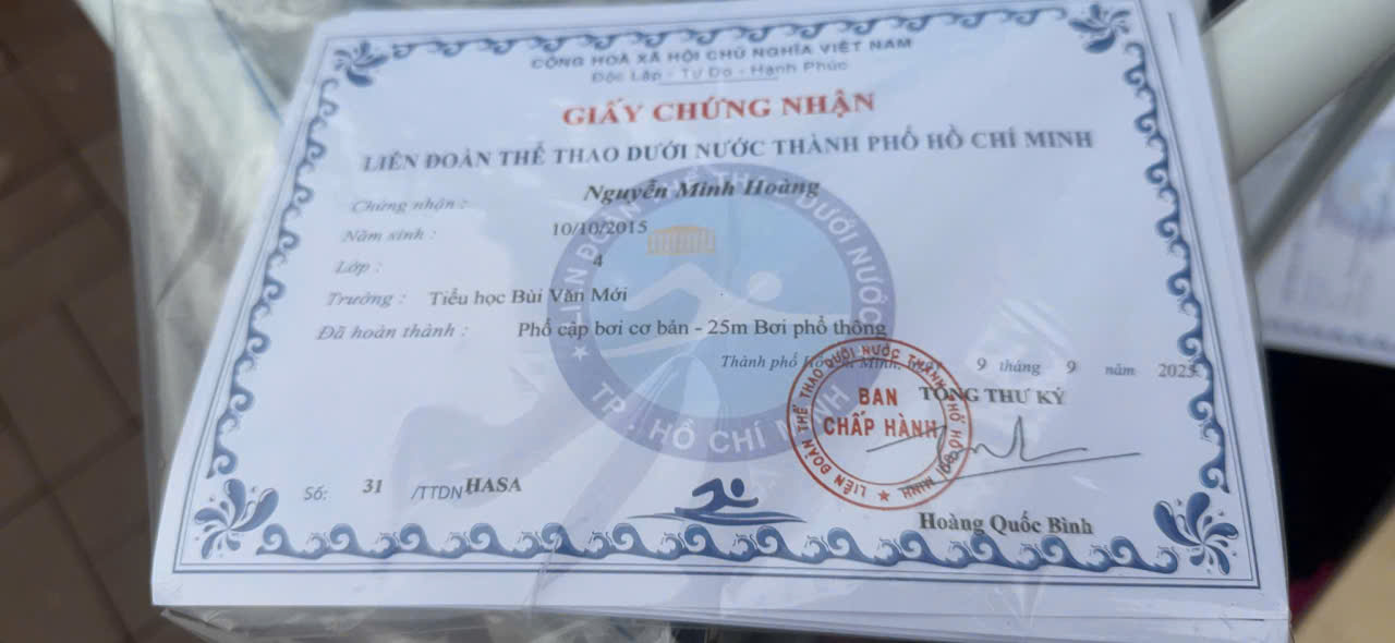 Giấy chứng nhận bơi lội TRONG SWIMMING